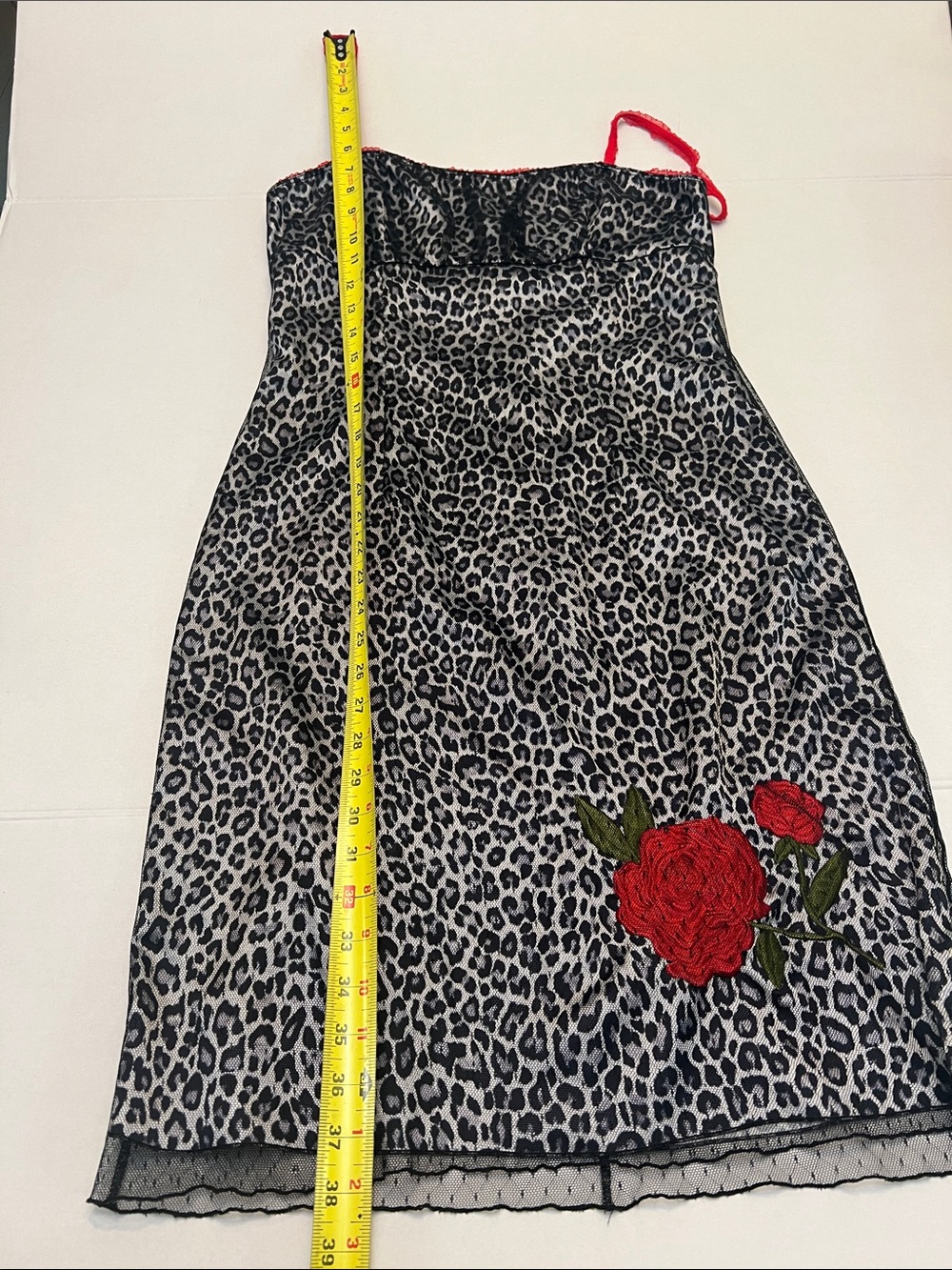 VINTAGE Y2K XOXO LEOPARD PRINT DRESS- MESH OVER SATIN WITH RED LACE STRAPS SMALL - Picture 9 of 15